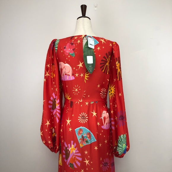 Farm Rio Lotus Star Red / Multi Midi Dress w/ beaded fringe belt- Small - Picture 6 of 15